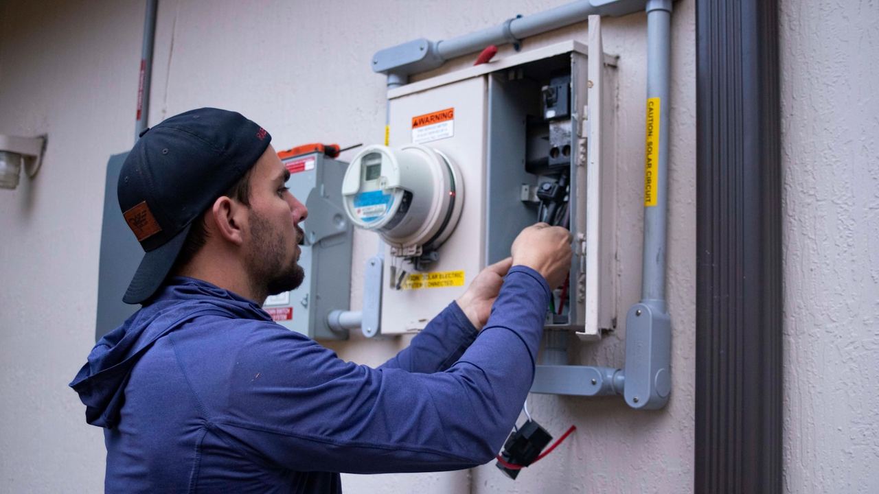 Technician working inside an open electric meter box on an exterior wall