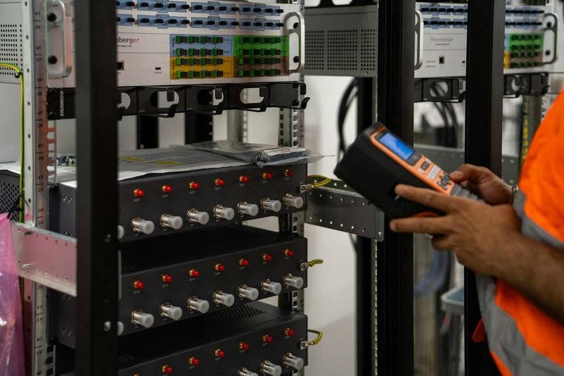 Technician checking a rack of network equipment with a handheld tester