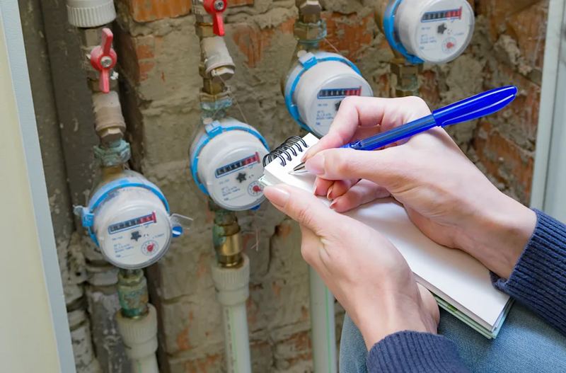 Hand taking readings from a bank of residential water meters